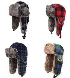 Outdoor Hats Woollen Hat Unisex Plaid Thickened Earmuffs Winter Cap Beanie Bomber Cycling Skiing Skating Faux Fur Earflap Snow Caps2506854