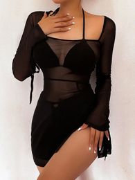 Casual Dresses Square Collar Black Mini Dress For Women Y2k Clothes Gauze Sexi Night Club Outfits Sheer Vestidos De Mujer Long Sleeve