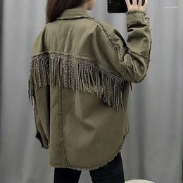 Men's Jackets Women Vintage Tassel Denim Jacket Coat 2023 Fashion Fringe Beaded Loose Long Sleeve Ladies Frayed Trim Outerwear Chaqueta