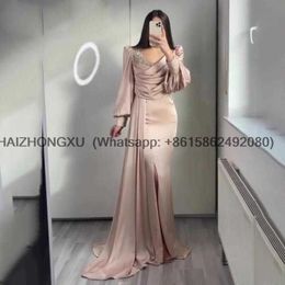 Party Dresses Champagne Long Puffy Sleeves Evening Dress for Wedding Party V-Neck Arabic Prom Gown Mermaid vestidos de noche W0428