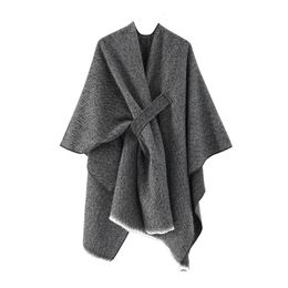 Scarves Women Cashmere Feel Shawl Coat Lady Winter Cape with Band Spring Autumn Retro Cardigan Classic Simple Cloak Soft Large Blanket 231128