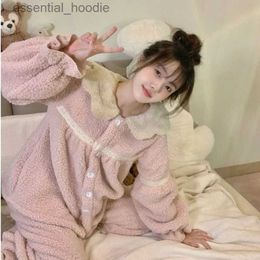 Women's Sleep Lounge Cute Women Pajamas Set for Women Fleece Sleepwear Korean Suit Winter Piiama 2 Pieces Ruffles Pyjamas Button Cute Night Wears New L231129
