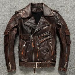 Men's Tracksuits May Khaki Top Layer Cowhide Leather Motorcycle Jacket Can Be Removed Inner Liner Added Protective Short