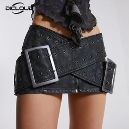 Skirts Ins Gothic Punk Fashion Black PU Leather Micro Women 2023 Summer Low Wasit Cross Belt Mini Vintage Distressed 230428