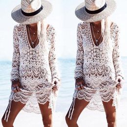 Women's Swimwear Women Sexy V Neck Summer Fashion Knitted Crochet Cover Up Bathing Suit Beach Long Ladies Hollow Out Solid Colour DressWomen'