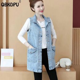 Leather Fashion MidLength Denim Vest Women Light Blue Casual Plus Size Chaleco Vaquero Mujer Big Pocket Classic Sleeveless Denim Jacket