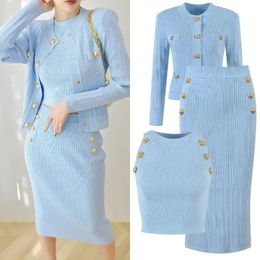 Women s Knits Tees 2023 Vintage Knitted Dress Sets for Women Ladies Plain Singe breasted Cardigan Bodycon Vest and Slim fit Skirt Female Boutique 231129