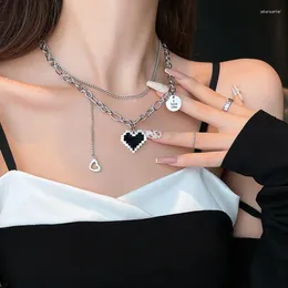 Chains Stainless Steel Chain Choker Necklace For Women Black Heart Mosaic Double-layer Pendant Necklaces Jewellery On The Neck Fashion
