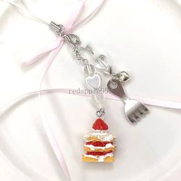 Phone Charm Pendant Keychain for Bag Phone Strawberry Cake Spoon Charm Women Phone Strap Lanyard Chain Keyring Jewelry