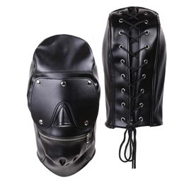 Adult Toys Punk Sexy Adult Game Men Black PU Leather Head Bondage Hood Mask Zipper Open Mouth Fashion Masks Cosplay Party Gay Costume 231128