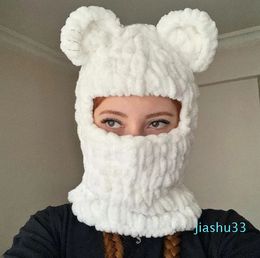 BeanieCaps Unisex Winter Beanie Cute Knitted Cartoon Bear Ears Funny Hat Thickened Warm Balaclava Neck Warm French Cover