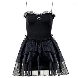 Casual Dresses Women Square Neck Sleeveless Strappy Vintage Black A-Line Mini Dress Gothic Punk Moon Pendant Ruffled Mesh