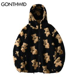 Men's Jackets GONTHWID Fleece Hooded Jackets Streetwear Casual Harajuku Hip Hop Men Women Fashion Bear Print Full Zip Hooded Coat Tops Outwear 231129