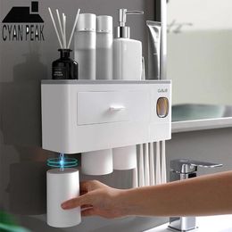 Bath Accessory Set Magnetic Adsorption Automatic Toothbrush Holder Toothpaste Dispenser Squeezer Wall Mount Storage Rack Bathroom 260p
