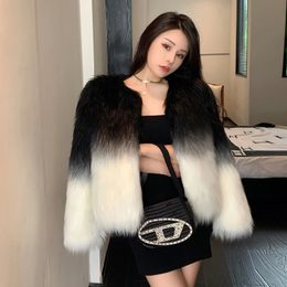 Womens Fur Faux Autumn Gradual Colour Fox Woman Coat Chic Fashion Winter Furry Cardigan Fleece Tops Jacket Party Club Outfit 231129