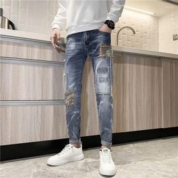 Men's Jeans For Men Tight Pipe Male Cowboy Pants Slim Fit Trousers Light Blue Patchwork Skinny Baggy 2023 Fashion Korean Style Luxury