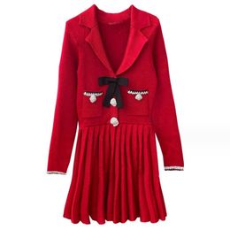 1122 L 2023 Runway Dress Autumn Dress Lapel Neck Red Long Sleeve Brand Same Style Empire Womens Dress Fashion qianhe