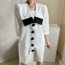 Casual Dresses Summer French Navy Collar Black And White Hit Colour Single-breasted Loose Seven-point Puff Sleeve Dress