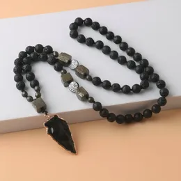 Pendant Necklaces Natural Lava Stone Square Shape Pyrite Rosary Bead Necklace For Men Black Obsidian Arrow Male Handmade Jewlery