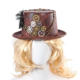 Steampunk Retro Hats Carnival Cosplay Bowler Gear Chain Feather Decor Party Caps Halloween Brown Round Top Hats For Men Women T2002371