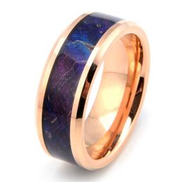 Nature Mens Womens 8mm Rose Gold Tungsten Carbide Wedding Ring Inlay Purple and Blue Box Elder Wood Comfort Fit Size 7-11 Include 256o