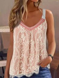 Women's Tanks 2023 Lace Splicing Ruffled V-Neck Tank Summer T-shirt Top Loose Floral Design Print Pullover Sweetheart