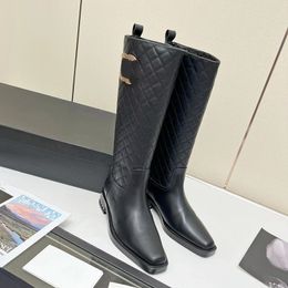 2023 designer Luxury Square toe thigh-high boots sexy womens 100% Leather Electric embroidered diamond Cheque boot lady fashion High-heeled comfort shoes sizes 35-40