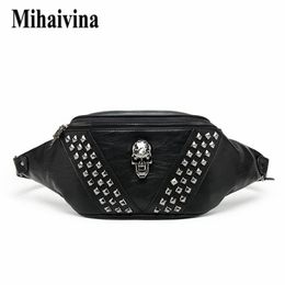 Mihaivina Punk Rivet Skull Men Waist Bag Women Black Fanny Pack Leather Chest s Female Shoulder Messenger Bum s 2202161771