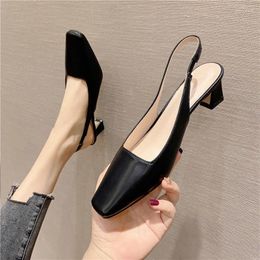 Sandals 3cm Heel Fashion Square Toe Leather Block Heels Ankle Wrap Women Black Shoes Solid Casual Sandalias Mujer Verano