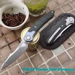 Messen Sitivien ST241 RWL34 Powder Steel Damascus Marble Carbon Fiber Handle Ceramic Ball Bearing Folding Camping Pocket EDC Tool Knife