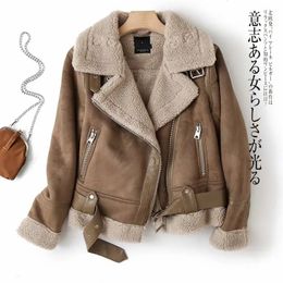 Womens Leather Faux Women Winter Shearling Sheepskin Fake Jackets Lady Thick Warm Suede Lambs Short Motorcycle Brown Coats 231129
