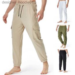 Men's Pants Mens Summer Linen Cotton Casual Loose Track Cargo Pants Lightweight Elastic Waist Yoga Sports Pants Thin Soft Quick-Dry L231129