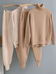 Women's Two Piece Pants Autumn Winter Thick Warm Turtleneck Sweater 2 Pieces Sets Pullover Top Tracksuit and Pant Suits Black Apricot Khaki 231129