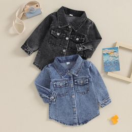 Jackets CitgeeAutumn Kids Boys Girls Denim Coat Solid Color Long Sleeve Turn-Down Collar Fall Winter Casual Outerwear