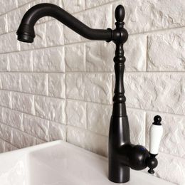 Kitchen Faucets Basin Faucet Black Oil Rubbed Bronze Sink Ceramic Handle Swivel Spout Bathroom Cold And Mixer Tap Dnf379