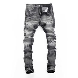 spring and autumn men's wear hole patch jeans youth printed motorcycle pants