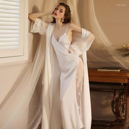 Women's Sleepwear Sexy Nightgown Lengthened Bathrobe Nightdress Women's Long-Sleeved Satin Transparent Home Wear Thin Lace Bow Pyjamas