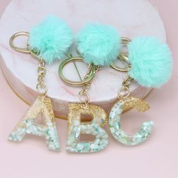 Fluffy Ball Keychains Glitter 26 English Letters A-Z Green Pompom Faux Rabbit Fur Key Rings Key Holder Gifts Trendy Jewellery Bag Accessories