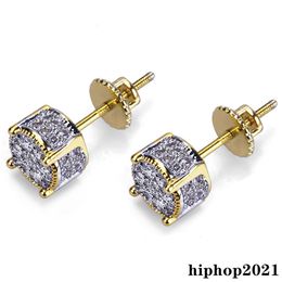 Fashion Earrings For Mens Iced Out Bling CZ Gold Stud Earrings Mens Diamond Rock Punk Round Earrings Wedding Gift252Z