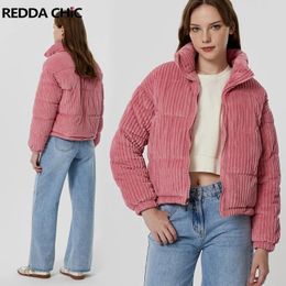 Casacos femininos ReddaChic rosa listrado veludo gola alta puffer casaco pára-quedas casual algodão acolchoado jaqueta de inverno parkas