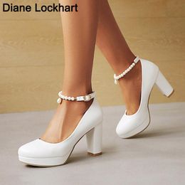 Dress Shoes Block Heel White Wedding Women Pearl Chain Pumps Platform High Heels Ankle Strap Ladies Office Party Dance 33