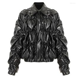 Women's Leather Women Black Winter Jacket Thick Warm Ruched High Street Coat