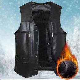 Men's Vests Solid Color Men Vest Stylish Mid-aged Faux Leather V Neck With Plush Lining Multiple Pockets Windproof For Fall
