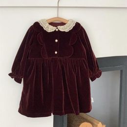 Girl Dresses Kids Clothes Velvet Long Sleeve Dress French Court Style Solid Color Girls'