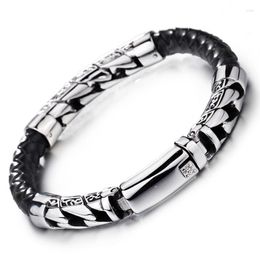 Link Bracelets Heavy Genuine Leather Bracelet Stainless Steel Vintage Black Chain Bangle Men's Holiday Jewelry 12mm 8.66''