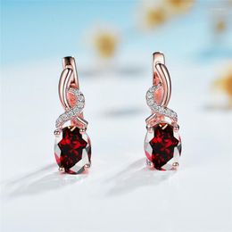 Hoop Earrings Charm Female Red Oval Zircon Crystal Stone Champagne Gold Color Wedding For Women