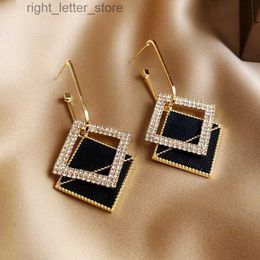 Stud Luxury Trend Black Colour Geometric Double Square Hoop Earrings for Women Korean Fashion Statement Rhinestone Earring Jewellery YQ231128