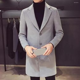 Men's Trench Coats Men Long Coat Stylish Mid Length Winter Overcoat Solid Colour Warm Windproof Cardigan For Fall Season Single-breasted