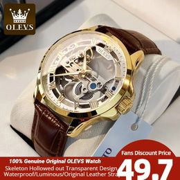 Wristwatches OLEVS Luxury Men Watches Automatic Mechanical Wristwatch Skeleton Design Waterproof Leather Strap Male Watch Reloj Hombre 231128