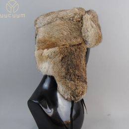 Wide Brim Hats Bucket Men's Caps Warm Natural Rabbit Fur Bomber Hat With Earflaps Winter Unisex Russian Ushanka Real 231128